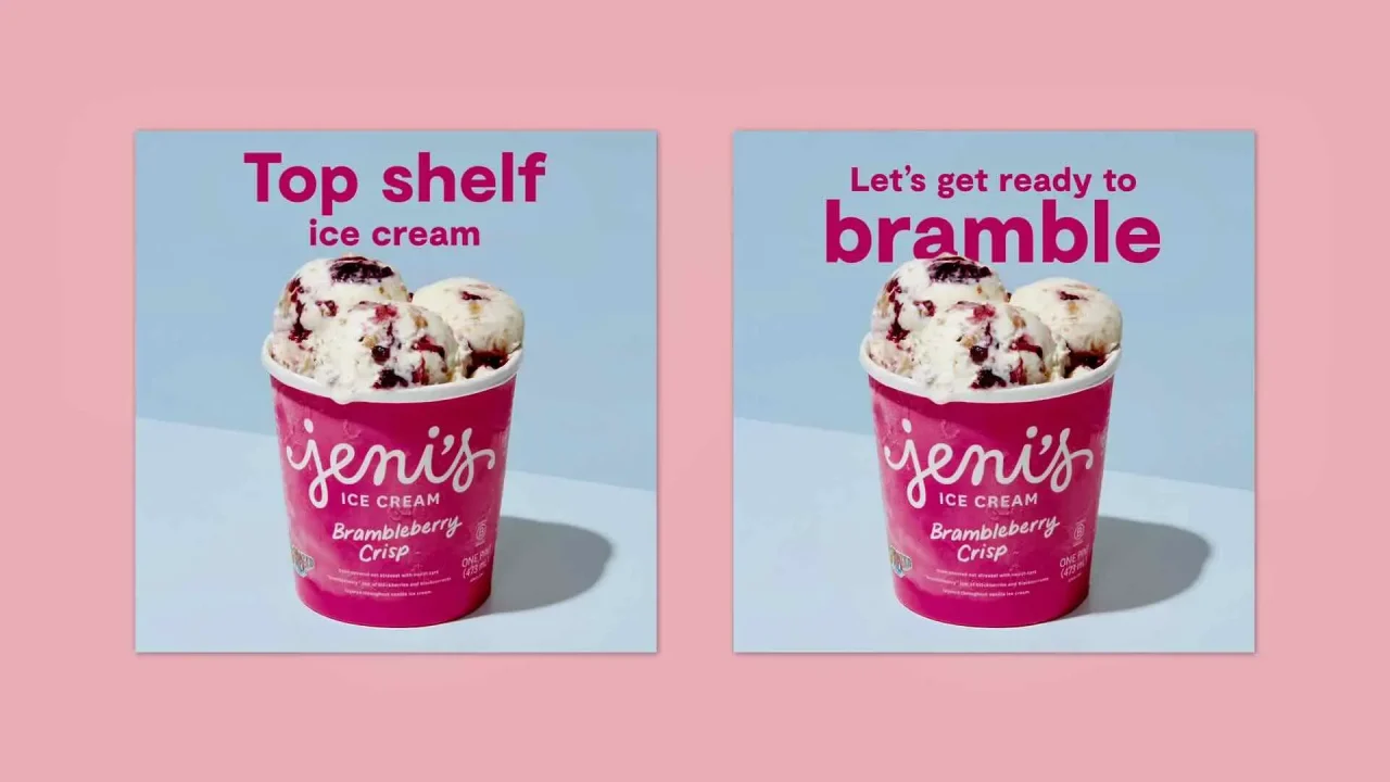 Two images of Jeni's Ice Cream Brambleberry Crisp flavor. The left image boasts "Top shelf ice cream," while the right proclaims "Let's get ready to bramble." Both pink tubs with white lettering exemplify stellar B2C location marketing and online advertising in action.