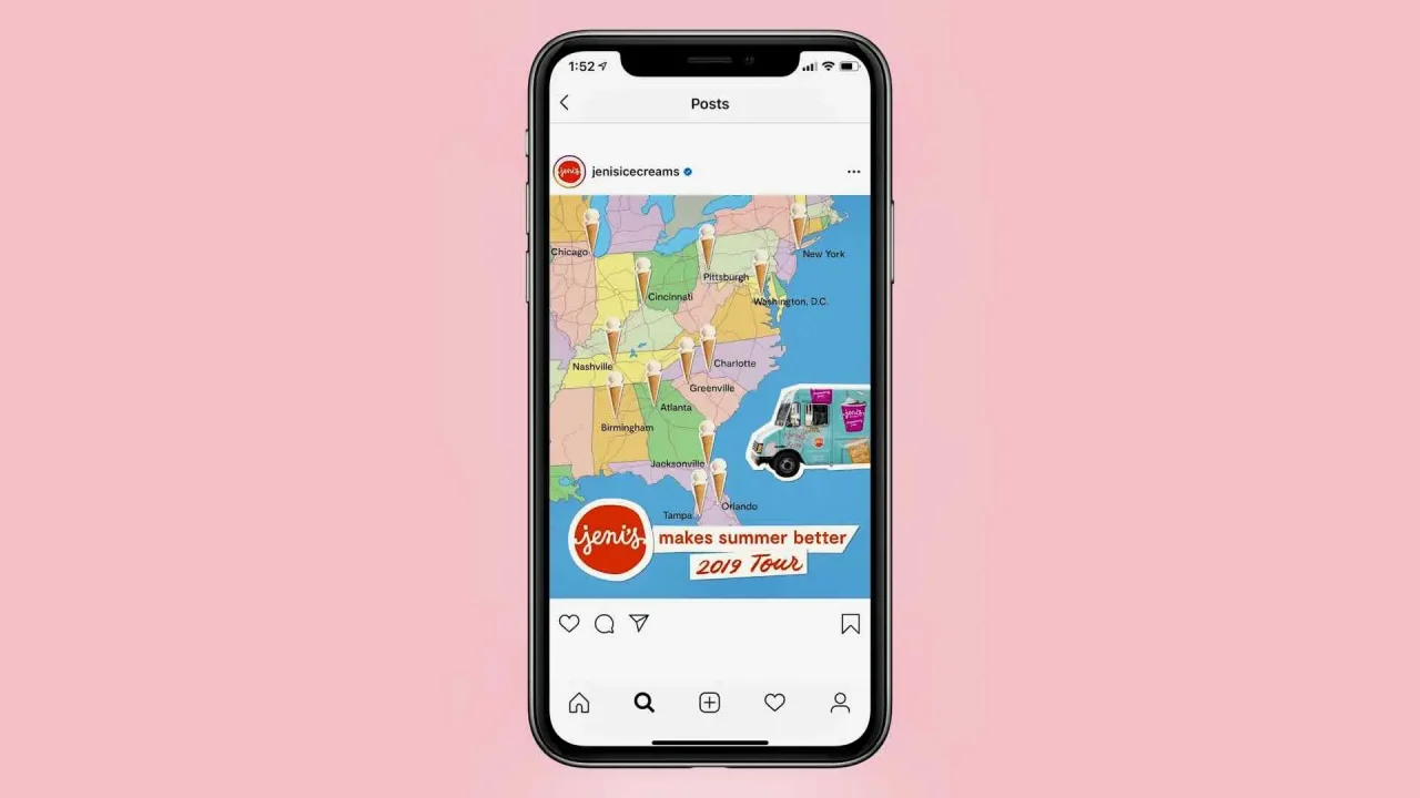 A smartphone displays an Instagram post from an ice cream company, showcasing a map of the eastern United States with text reading "Makes Summer Better 2019 Tour!" and featuring an ice cream truck graphic. This clever use of online advertising brilliantly highlights their location marketing strategy to engage B2C customers.